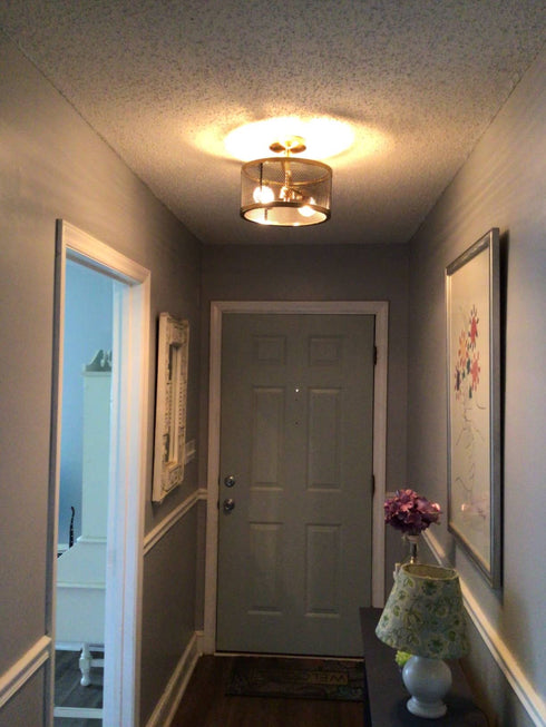 Brass Flush Mount Ceiling Light  Drum Metal Shade  | Claxy
